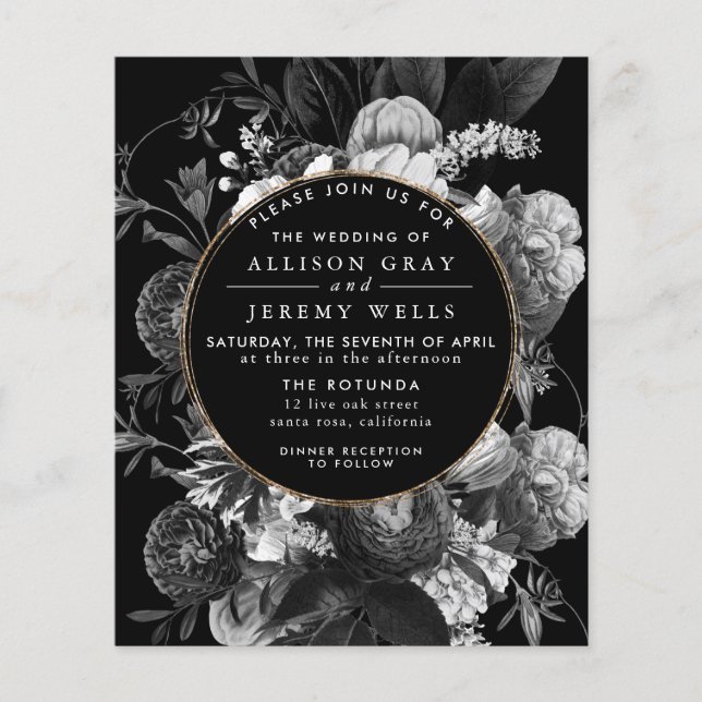 Black and White Floral Wedding Invitation Flyer (Front)