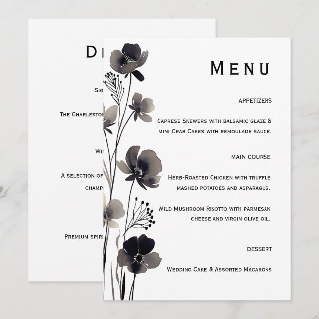 Black and White Floral Wedding Menu (Front/Back)
