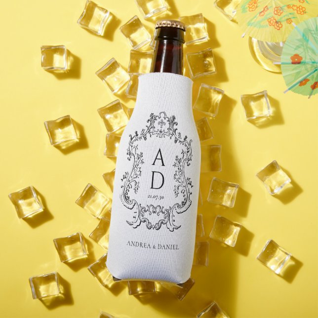 Black and White Floral Wedding Monogram  Bottle Cooler (In Situ Summer)