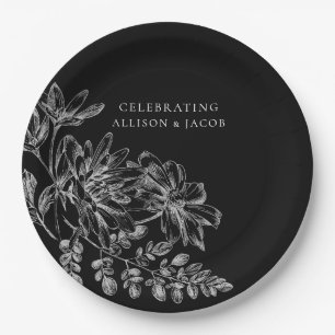 Black and White Floral Wedding Paper Plate