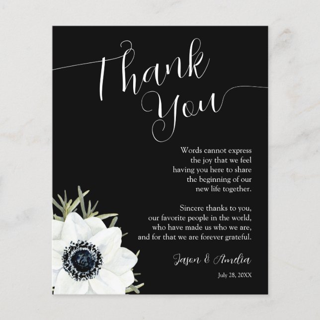 Black and White Floral Wedding Plate Thank You Flyer (Front)