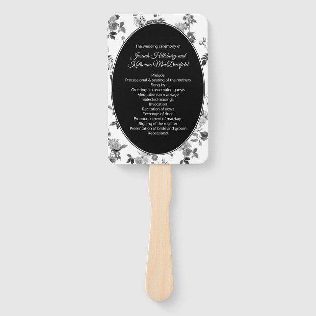 Black and White Floral Wedding Program Fan (Front)