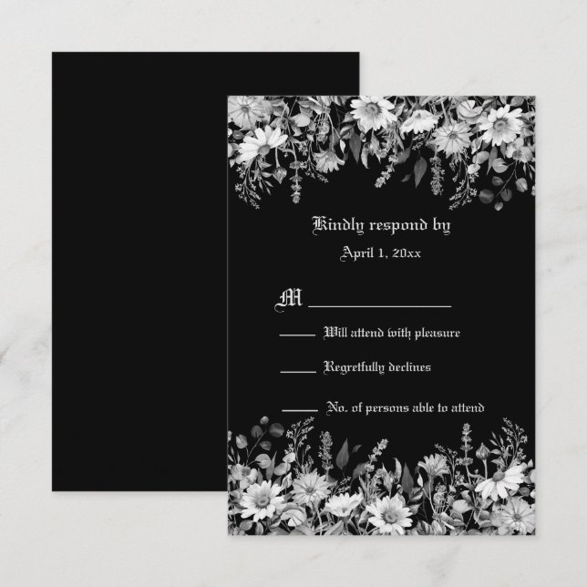 Black and White Floral Wedding RSVP Card (Front/Back)