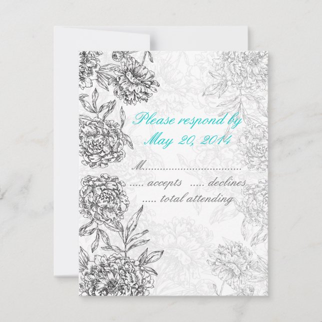 Black and White Floral Wedding RSVP Card Aqua Blue (Front)