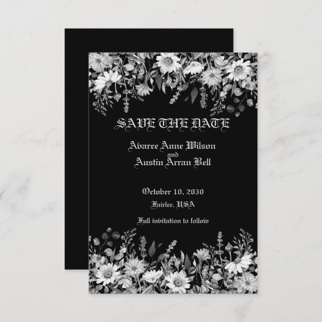 Black and White Floral Wedding Save The Date (Front/Back)