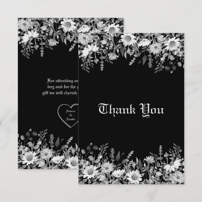Black and White Floral Wedding Thank You Card (Front/Back)