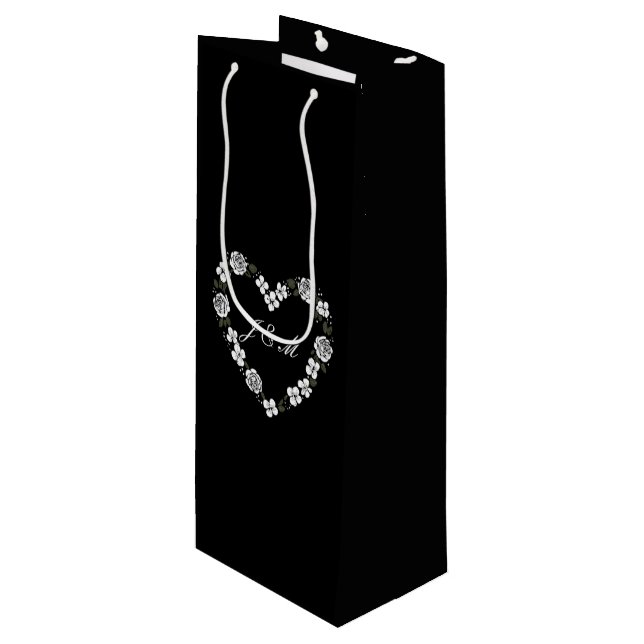 Black and White Floral Wedding Wine Gift Bag (Front Angled)