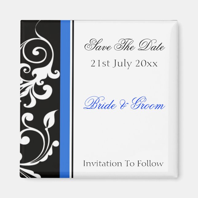 Black And White Floral With Blue Save The Date Magnet (Front)