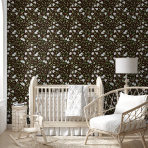 Black and White Floral with Green Leaves  Wallpaper