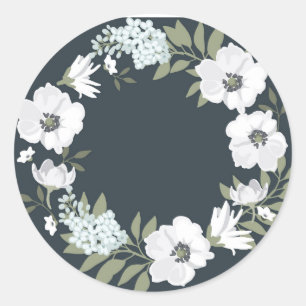 Black and White Floral Wreath Classic Round Sticker