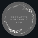 Black and White Floral Wreath Monogram Name Classic Round Sticker<br><div class="desc">Black and White Floral Wreath Monogram Personalized Classic Round Sticker</div>