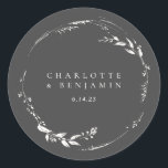 Black and White Floral Wreath Monogram Name Classic Round Sticker<br><div class="desc">Black and White Floral Wreath Monogram Personalized Classic Round Sticker</div>