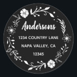 Black and White Floral Wreath Return Address Classic Round Sticker<br><div class="desc">This customizable sticker featuring simple typography,  modern calligraphy and a rustic floral wreath.</div>