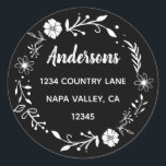 Black and White Floral Wreath Return Address Classic Round Sticker<br><div class="desc">This customizable sticker featuring simple typography,  modern calligraphy and a rustic floral wreath.</div>