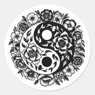Black and White Floral Yin Yang Classic Round Sticker
