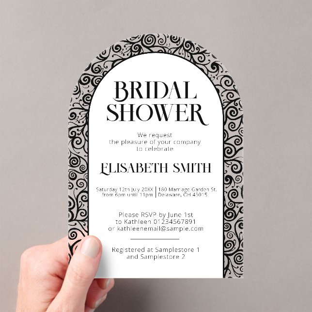 Black and White Flourish Distinctive Bridal Shower Acrylic Invitations (Insitu (Handheld))