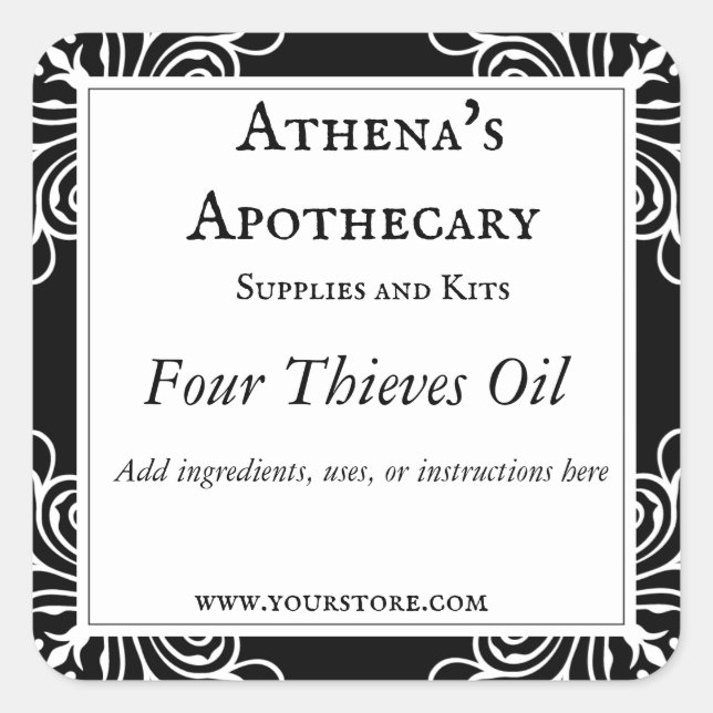 Black and White Flourish Spell Oil Label (Front)