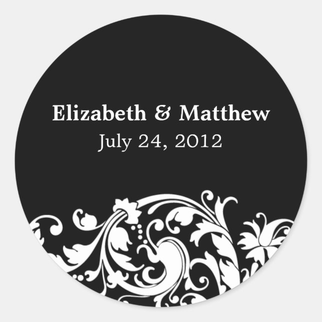 Black and White Flourish Swirl Wedding Favour Labe Classic Round Sticker (Front)