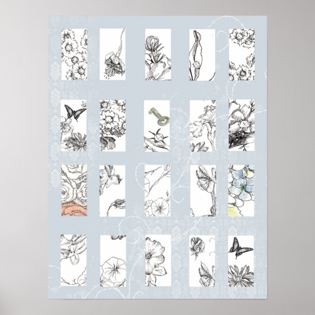 Black and White Flower Art Drawing Collage Grey Poster (Front)