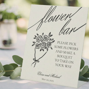 Black and White Flower Bouquet Bar Wedding Pedestal Sign