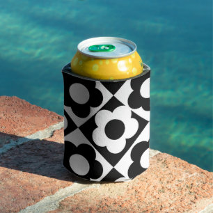 Black and White Flower Chequerboard Classic Retro  Can Cooler