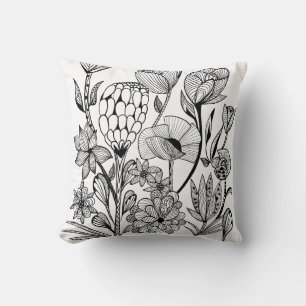 Black and white flower drawing throw pillow