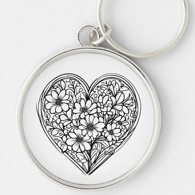 black and white flower heart keychain (Front)