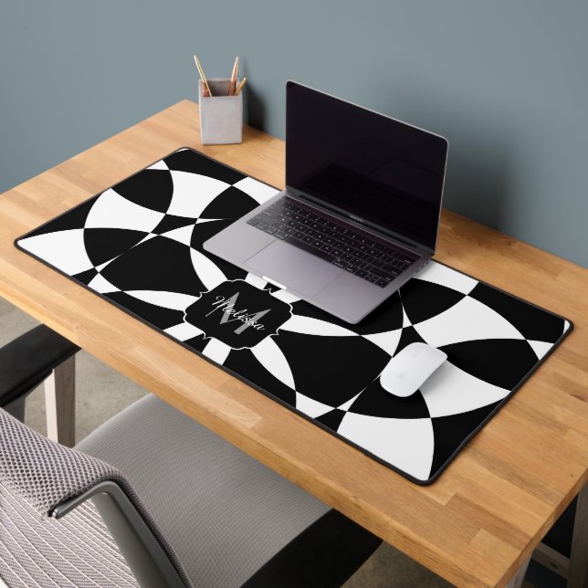 Black and white flower mandala mosaic Monogram Desk Mat (Office 2)