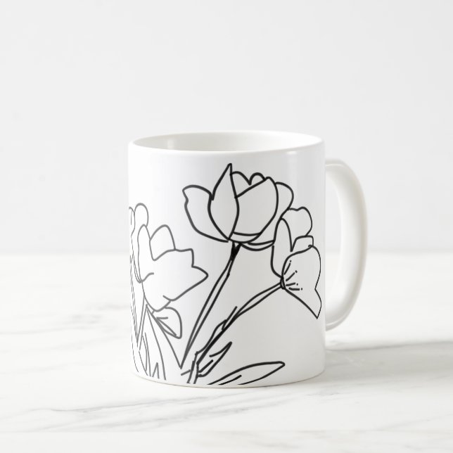 Black and white flower outline coffee mug (Front Right)