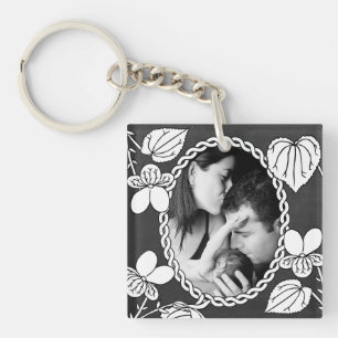 Black and White Flower Oval Custom Photo Keychain