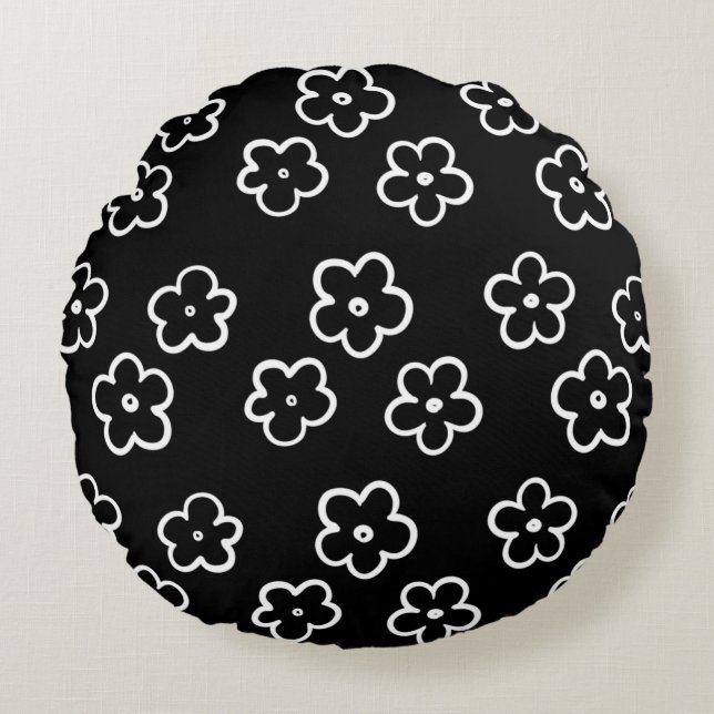 Black and White Flower Pattern Round Pillow (Front)