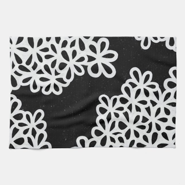 Black and White Flower Petals Kitchen Towel (Horizontal)