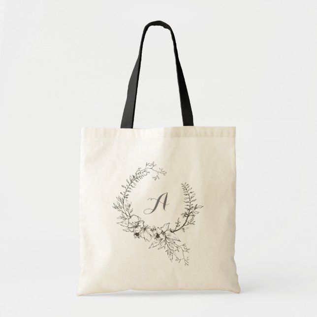Black and White Flower Wreath Tote Bag (Front)