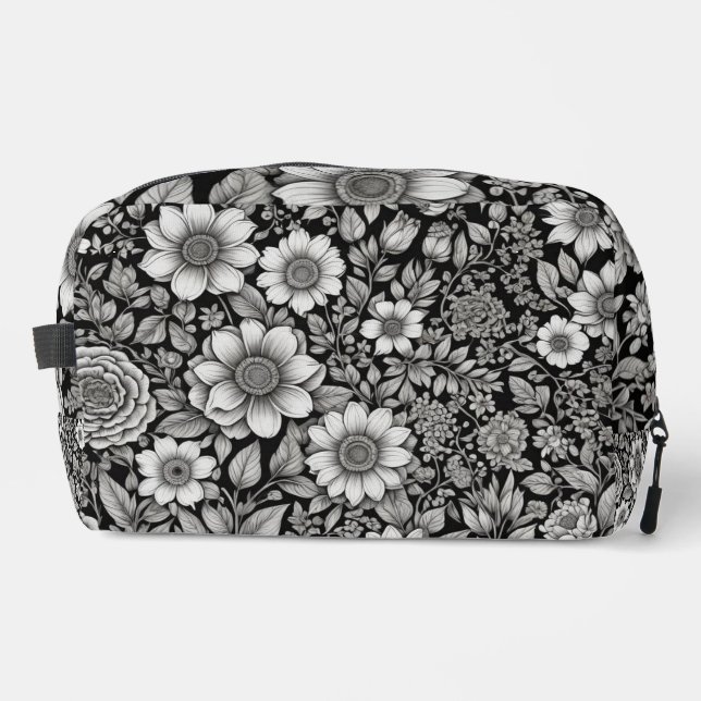 Black and white flowers and leaves dopp kit (Front)