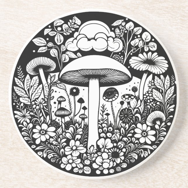 Black and White Flowers and Mushrooms Vintage Coaster (Front)