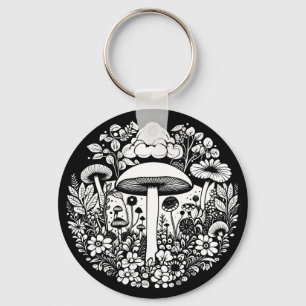 Black and White Flowers and Mushrooms Vintage Keychain