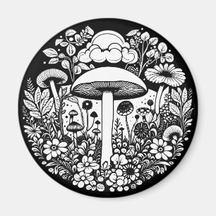 Black and White Flowers and Mushrooms Vintage Magnet