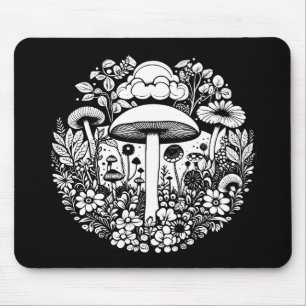 Black and White Flowers and Mushrooms Vintage Mouse Pad