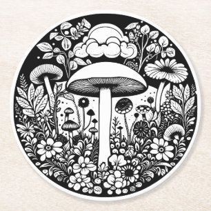 Black and White Flowers and Mushrooms Vintage Round Paper Coaster