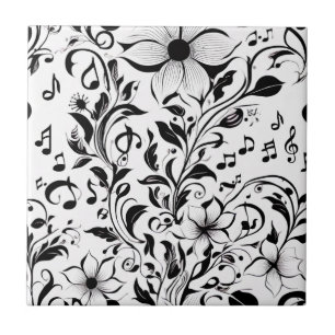 Black and White Flowers and Musical Notes Tile