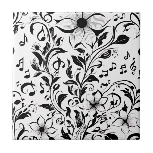 Black and White Flowers and Musical Notes Tile (Front)