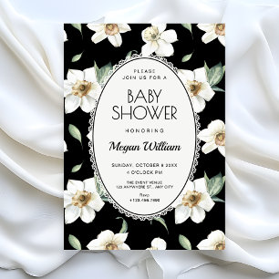 Black and white flowers baby shower invitation
