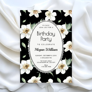 Black and white flowers birthday invitation