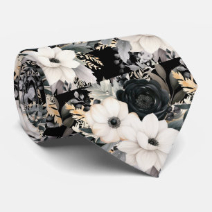 Black and White Flowers Floral Neck Tie