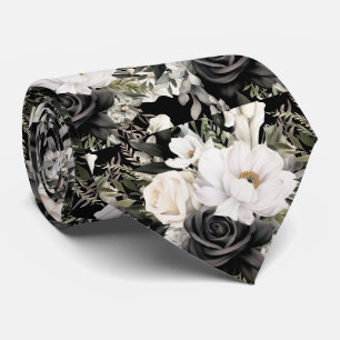 Black and White Flowers Floral Neck Tie