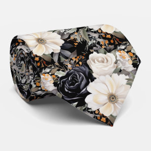 Black and White Flowers Floral Neck Tie