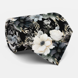 Black and White Flowers Floral Neck Tie