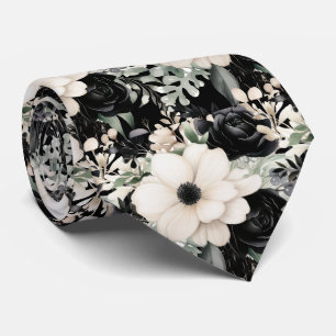 Black and White Flowers Floral Neck Tie