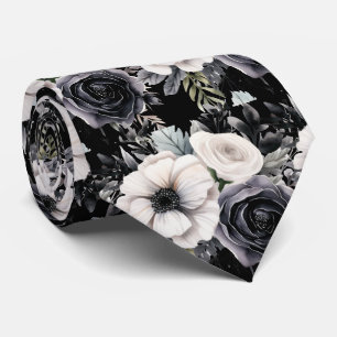 Black and White Flowers Floral Neck Tie