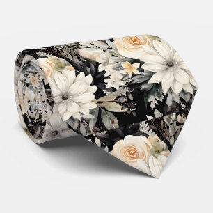 Black and White Flowers Floral Neck Tie